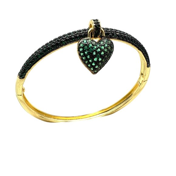 Womens Green Zircon Heart Bracelet Gold Plated Charm Hinged Bangle 7 Inch - Picture 4 of 7